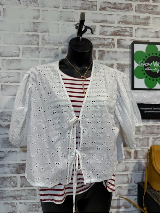 blakeley Tops - White Eyelet Tie-Front Blouse with Short Sleeves
